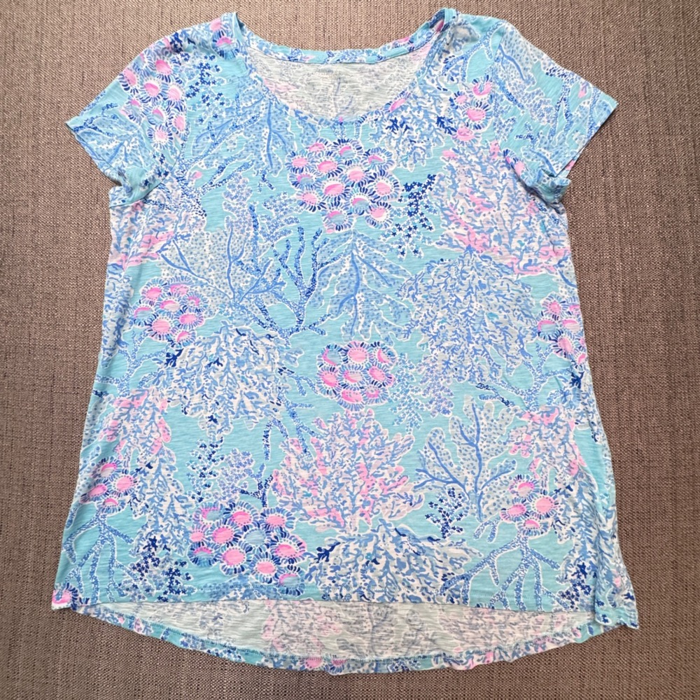 Lilly Pulitzer Etta V-Neck Tee Blue Pink Coral Reef Slub Jersey Top Womens